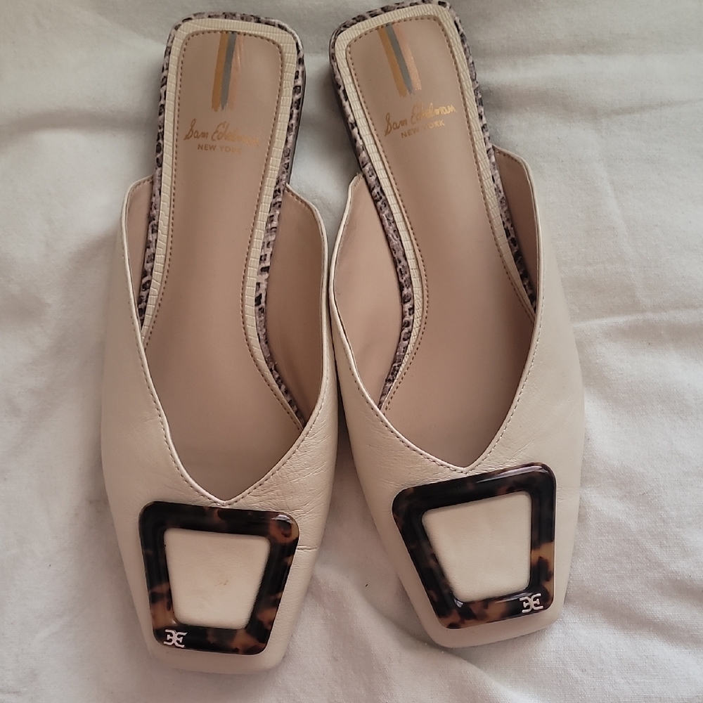 Sam Edelman Cream Mules with Geometric Buckle